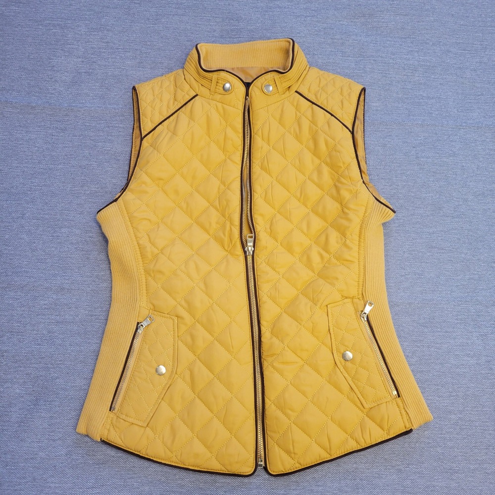 Chicos Mustard Yellow Quilted Puffer Jacket Contrast Piping 8853VS Small Size 0